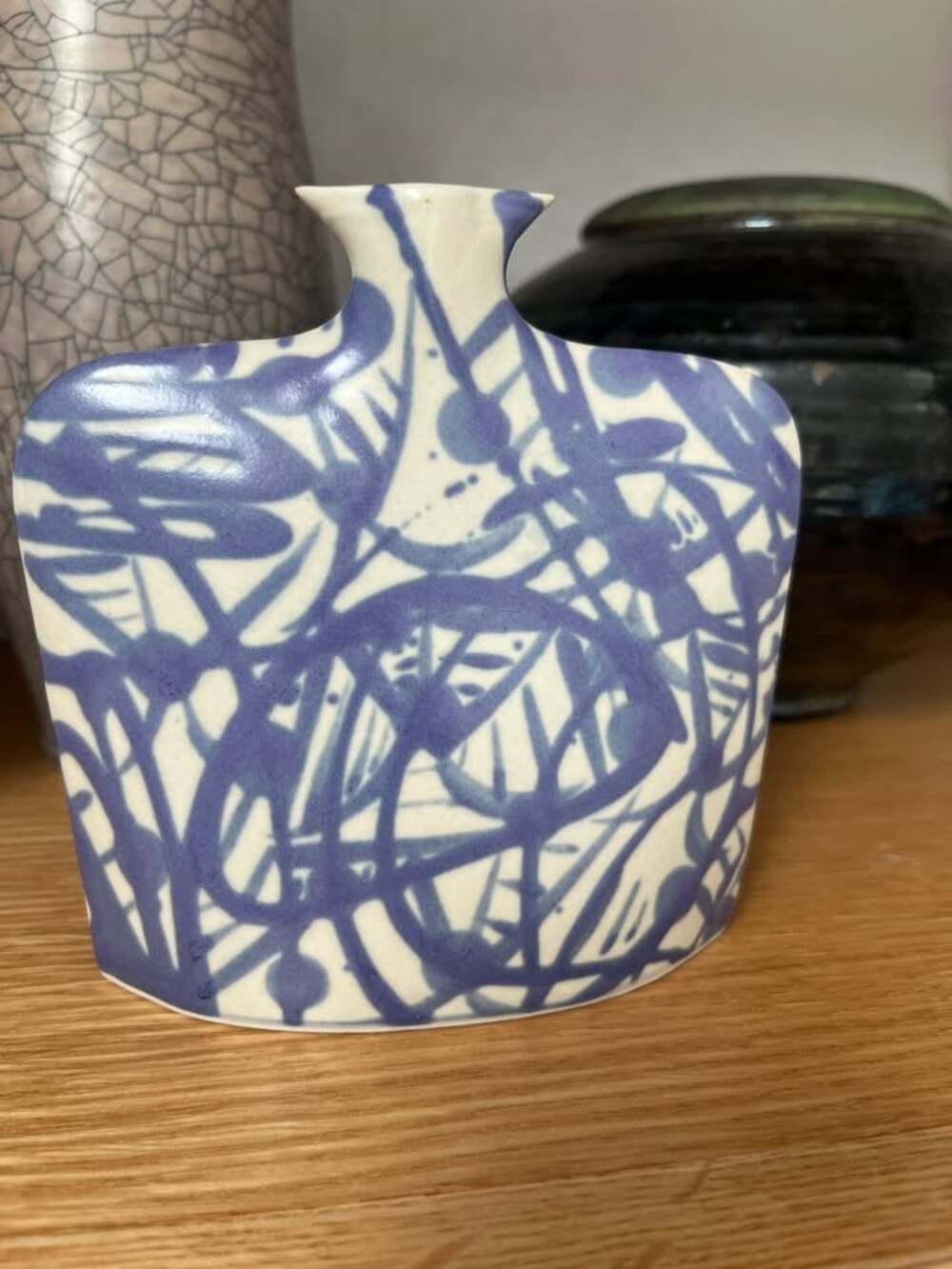 Vintage Earth & Sky Pottery Slab Vase, Abstract Blue and White Studio Art Glass